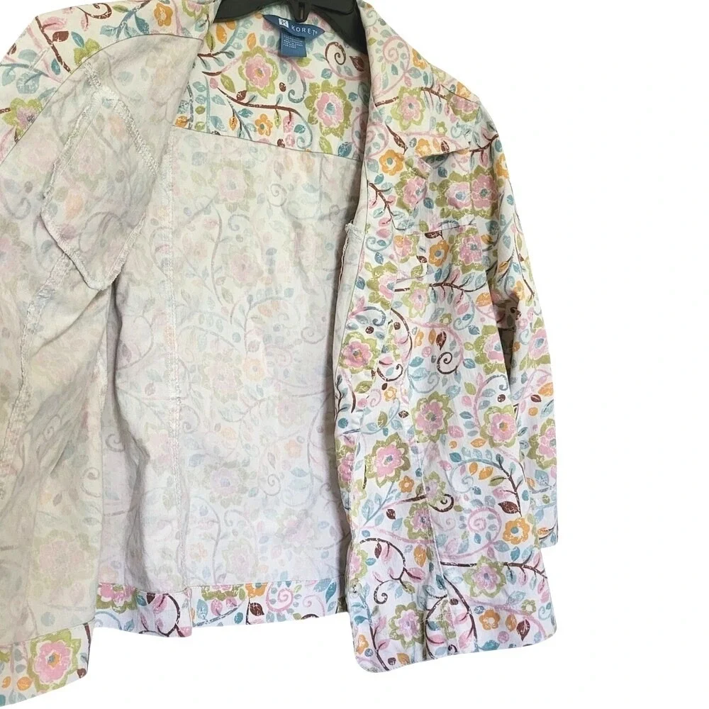 Koret Women White Pastel Floral 3/4 Sleeve Button Boho Light Cottage Jacket Larg